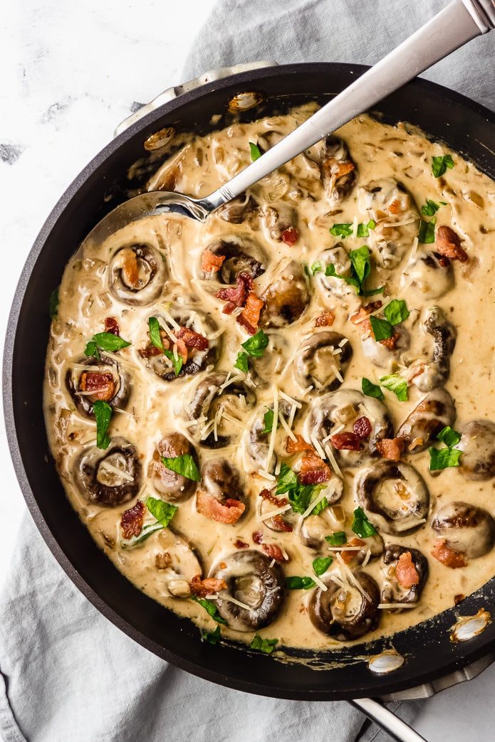 Creamy Keto Garlic Mushrooms with Bacon Green and Keto